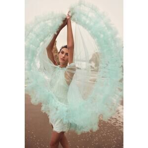 Mac Duggal 67954 High Neck Tulle A-Line Mini Dress, Size 12, Mint Green Ruffle